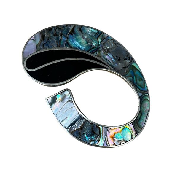 Alpaca Nickel Silver Abalone Shell Abstract Brooch, Vintage 1970s Mexican Pin - Picture 1 of 5